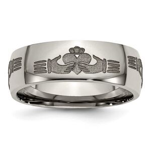 8mm Titanium Etched Polished Claddagh Domed Standard Fit Band, Sz 11